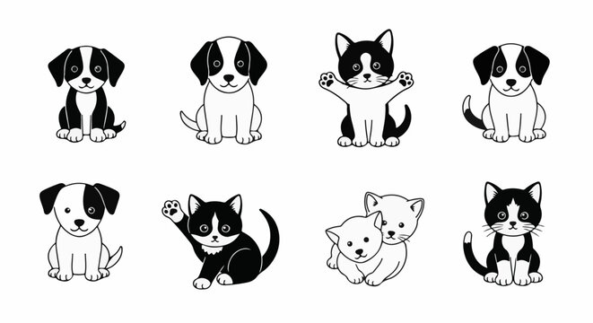 Eight cartoon-style dogs and cats, mostly black and white, in various poses
