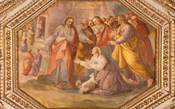 Salerno - The ceiling fresco of Healing of the Woman with the Issue of Blood in the crypt of Cathedral of St. Matthew by Belisario Corenzio (1558&ndash;1646)