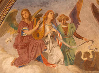 Fototapeta premium Busto Arsizio - The fresco of angels with the music instruments in the church Santuario di Santa Maria di Piazza by unknow artist from end of 19. cent.
