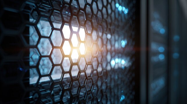Hexagonal mesh revealing warm core glow and thermal hotspot, orange illumination through metal pattern, sensor vibe with diagnostic mood, suggests monitoring, alert and temperature analysis