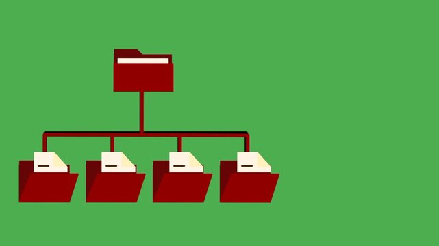 Animated red folder hierarchy with document management system structure. Folder diagram showing document emerging from folder.