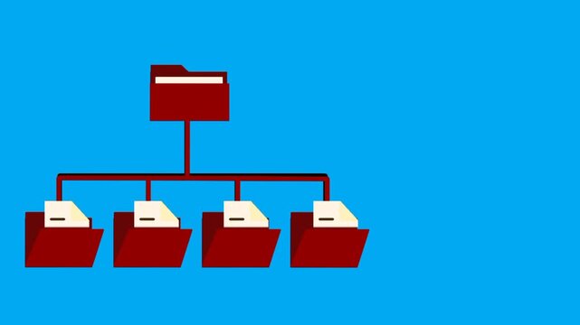 Animated red folder hierarchy with document management system structure. Folder diagram showing document emerging from folder.