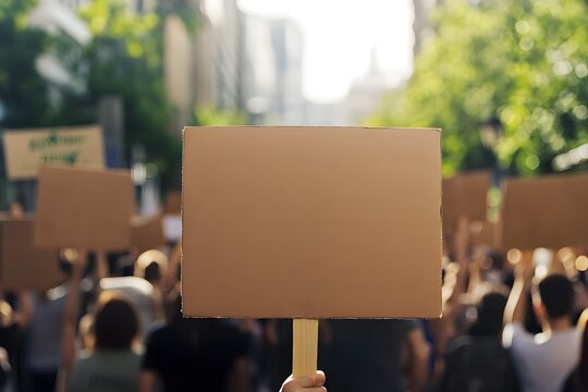 Person holding blank cardboard sign at a protest with blurred crowd and trees