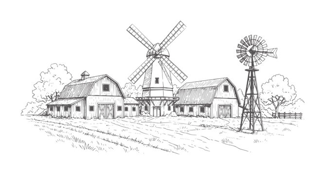 Rustic farm scene with two barns and two windmills in a sketched style rural country