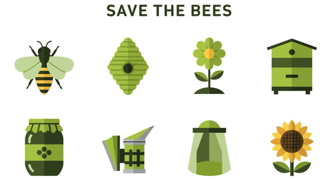 An infographic titled SAVE THE BEES featuring eight flatstyle icons of bees hives honey beekeeping tools and flowers