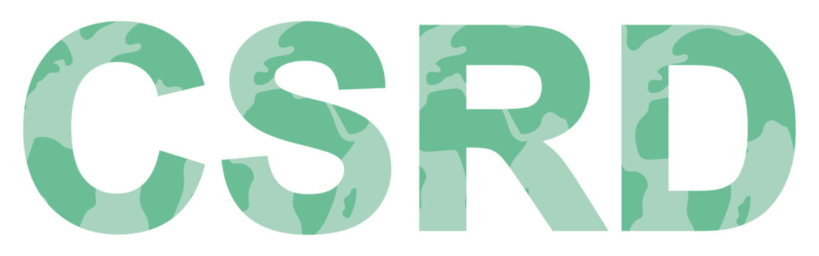 CSRD Green World Map Typography. Bold CSRD acronym typography filled with a world map texture, representing the Corporate Sustainability Reporting Directive and ESG compliance. Vector illustration
