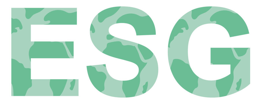 ESG Green World Map Typography. Bold ESG acronym typography filled with a world map texture, representing Environmental, Social, and Governance for corporate sustainability. Vector illustration