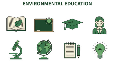 Eight greentoned flat vector icons illustrating educational tools under the text ENVIRONMENTAL EDUCATION © Agung