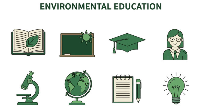 Eight greentoned flat vector icons illustrating educational tools under the text ENVIRONMENTAL EDUCATION