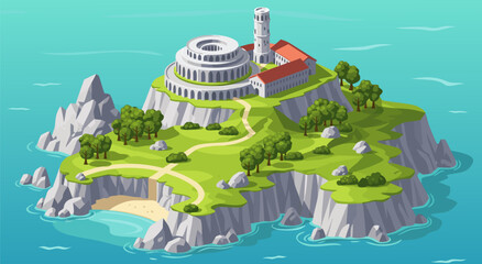 Beautiful vector illustration of a coastal island with ancient ruins and lush greenery under a clear blue sky, perfect for travel and history themes © Purnomo