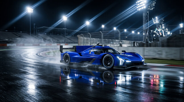 Sapphire Endurance Race Prototype Carving Wet Asphalt Under Laser Like Studio Speed Lighting Effects Photography