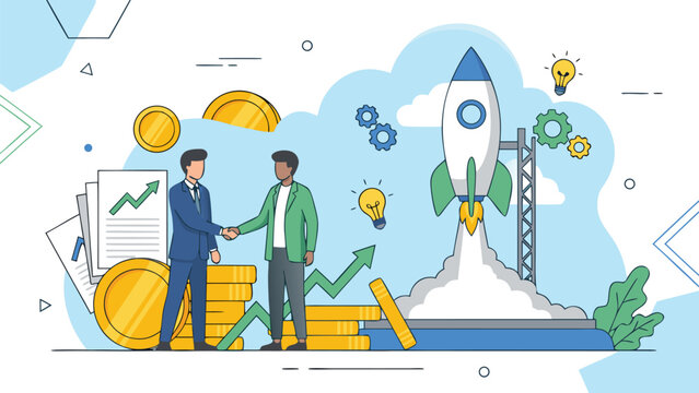 Startup funding and investment concept featuring a person shaking hands with an investor near giant gold coins and business documents in a professional and clean flat vector illustration.