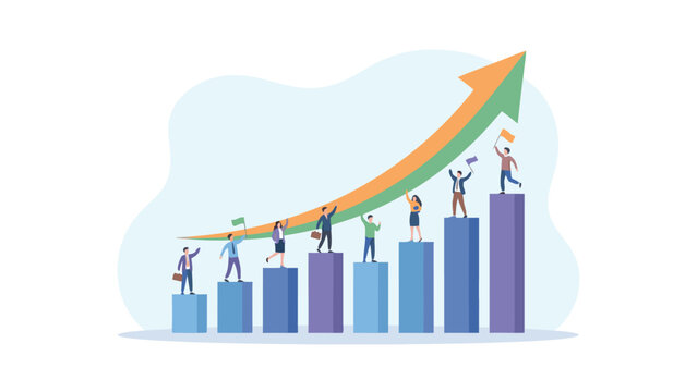 Business Growth and Success Concept Vector Illustration with Rising Arrow Moving Above Bar Chart and Tiny People Celebrating on Top of Columns for Corporate Achievement and Financial Progress.
