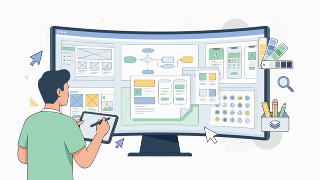 Creative workspace vector illustration featuring a designer meticulously organizing app wireframes and interface components on a massive digital display for user experience optimization projects.