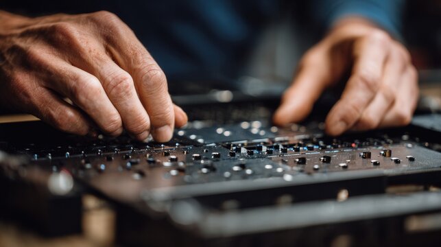 Closeup hands soldering circuit connector on dark tray, tiny components held by steady fingers, magnified detail, warm bokeh, patient maintenance work on firewall hardware, concentrated mood.