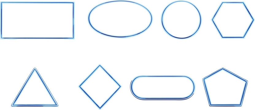 Set of modern glass frame shapes with vibrant neon blue glow on a transparent background featuring crystal clear digital banners for futuristic user interface and tech themed presentations