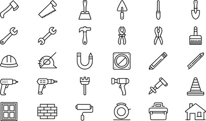 Fototapeta premium Construction tools and home improvement vector icon set featuring hammer wrench saw drill helmet paintbrush toolbox minimalist black line outline style illustrations