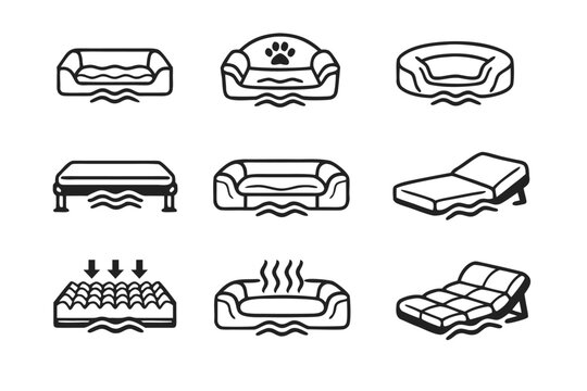 Professional set of orthopedic dog bed icons featuring clean outline designs for pet comfort products and veterinary supplies including various styles of cushioned sleepers and memory foam mats.