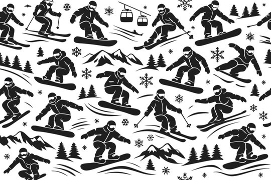 Energetic seamless pattern featuring monochrome vector silhouettes of snowboarders and skiers in action, capturing the spirit of winter sports with a minimalist flat design for textiles and decor.