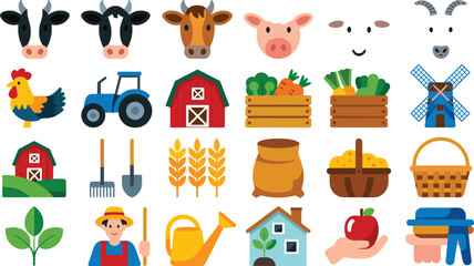 Farm animals and agriculture vector icon set featuring cow pig chicken tractor barn windmill fresh vegetables wheat harvest farmer flat design illustrations © MdMahfizur