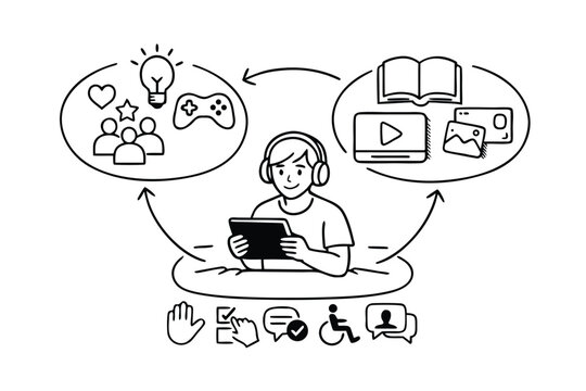Detailed UDL framework diagram illustrating engagement, representation, and action expression with a student using a tablet, promoting inclusive learning strategies and modern educational tools.