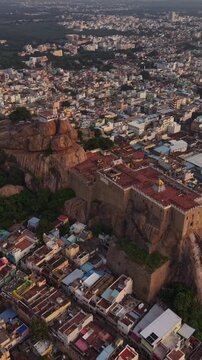 Vertical Aerial View of Rockfort Temple and Tiruchirappalli City Tamil Nadu India