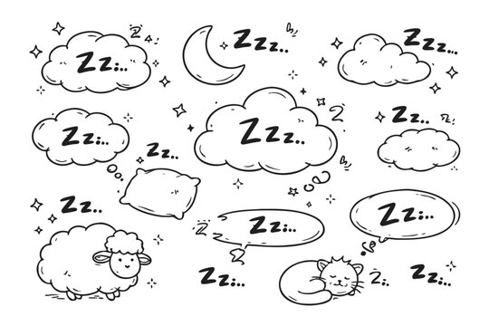 Zzz sleep sound bubble set. Snooze nap snore doodle hand drawn icons for bedroom rest. Sleepy Zzz cloud symbols for bedtime relaxation, dreaming, and deep slumber in a simple flat vector style.