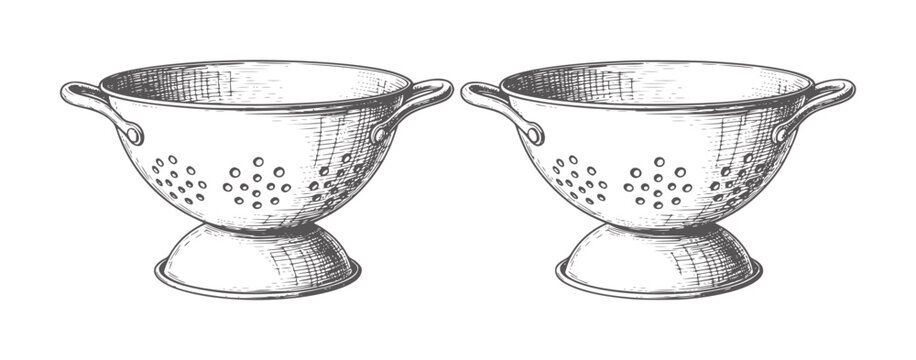 Two vintage colanders with handles and perforated bowls strainer kitchenware retro