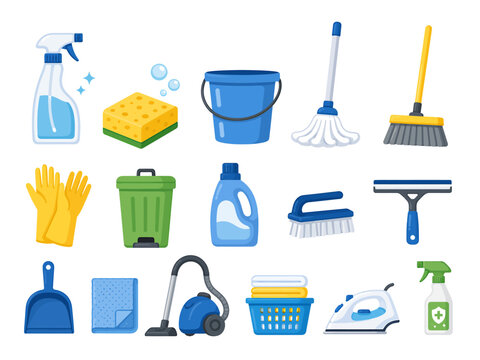 Housework maintenance equipment collection featuring spray bottles sponges buckets mops brooms gloves dustbins detergent containers scrub brushes squeegees dustpans vacuum cleaners iron and