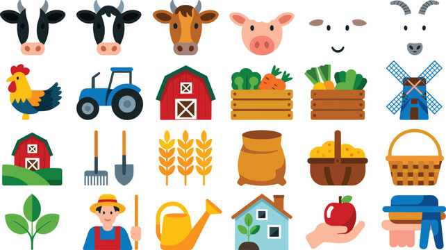 Farm animals and agriculture vector icon set featuring cow pig chicken tractor barn windmill fresh vegetables wheat harvest farmer flat design illustrations