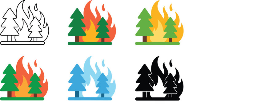 Forest fire icon set featuring burning pine trees wildfire disaster environmental hazard global warming climate change emergency concepts flat outline vector illustration