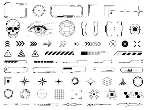Futuristic digital interface elements collection containing various HUD frames arrows targets and scanning icons for advanced technology software development projects requiring precise data
