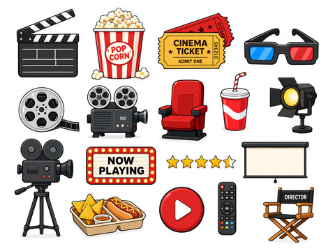 Entertainement theme collection featuring various items related to movies and film industry snacks and equipment for theater enthusiasts who enjoy watching cinema productions on screens every