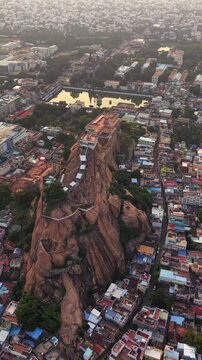 Vertical Aerial View of Rockfort Temple and Tiruchirappalli City Tamil Nadu India