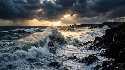 Fototapeta premium Epic Stormy Seascape with Massive Waves and Dramatic Lighting Contrasts Ocean Wall Art