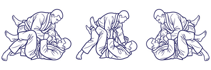 Fototapeta premium Brazilian jiu jitsu line art illustrations showing two athletes grappling in gi uniforms on ground practicing martial arts guard and passing techniques.