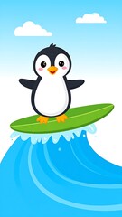 Naklejka premium Penguin surfing on green board ocean.