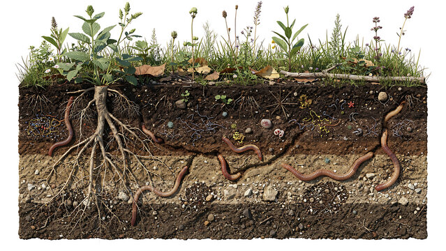 Fertile Soil Cross Section with Roots and Underground Ecosystem