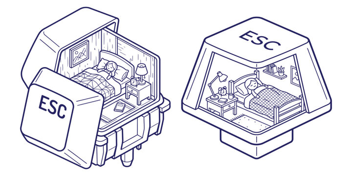 Creative conceptual line art showing woman sleeping inside escape keycap representing mental getaway and work life balance through rest and relaxation.