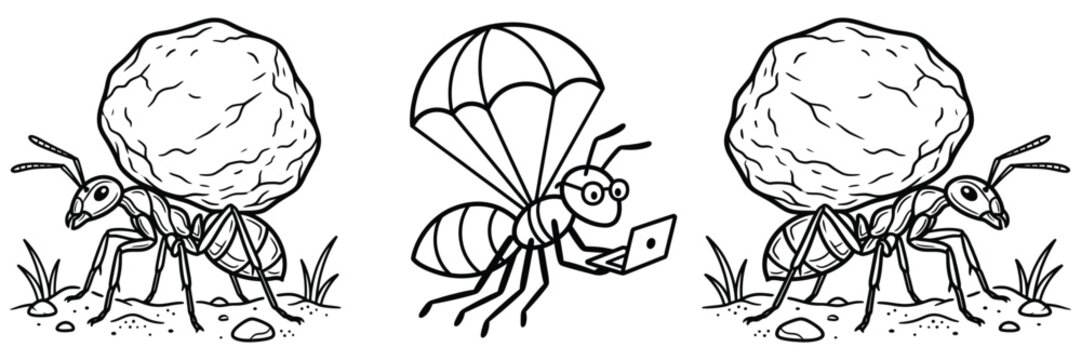 Illustration showing hard working ants carrying heavy boulders on backs while one smart tech ant uses laptop with parachute for efficient transport.