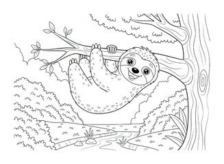 Fototapeta premium Smiling cartoon sloth hanging from a tree branch in a lush jungle setting, whimsical creature