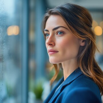 Professional contemplating by a rain-soaked window in a moody office setting