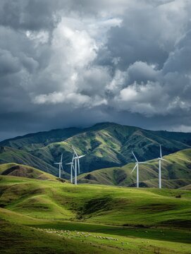 Wind turbines standing tall on a lush sheep farm in New Zealand's green hills under a dramatic, overcast sky.