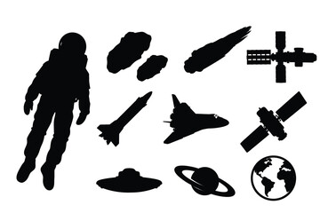 Set of Space Exploration Silhouettes Including Astronaut Rocket Shuttle Satellite Planets and UFO Isolated on White Background © shahriar