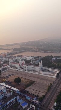 Vertical Aerial View of Basilica of Our Lady of Good Health Velankanni Tamil Nadu India
