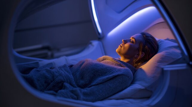 Woman relaxing in bluelit pod, remote worker sleeping between flights, laptop tucked away, power bank charging, soft blanket, dim LEDs, peaceful mood, travel wellness, portable privacy