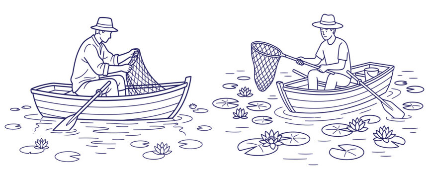 Two fishermen in boats cast nets and try to catch fish on calm water with water lilies. Men engaged in traditional fishing activity on a serene lake or river.