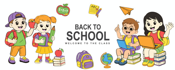 Fototapeta premium Welcome back to school cover set with little school children. backpacks and school supplies for learning Trendy modern vector illustration isolated on colorful background, hand drawn