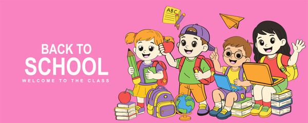 Fototapeta premium Welcome back to school cover set with little school children. backpacks and school supplies for learning Trendy modern vector illustration isolated on colorful background, hand drawn