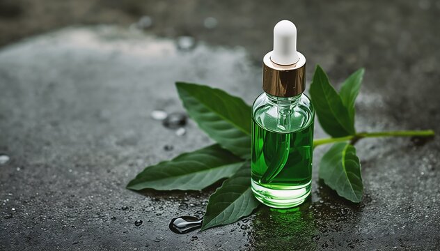 Minimalist glass dropper bottle with green cosmetic liquid and centella asiatica